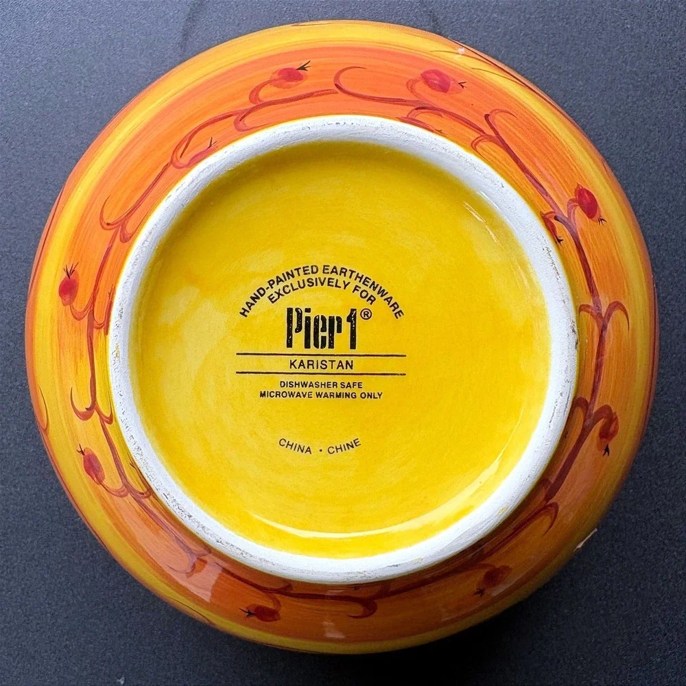 Pier 1 Karistan Hand Painted Earthenware Bowl Orange Yellow Red Berry Vine